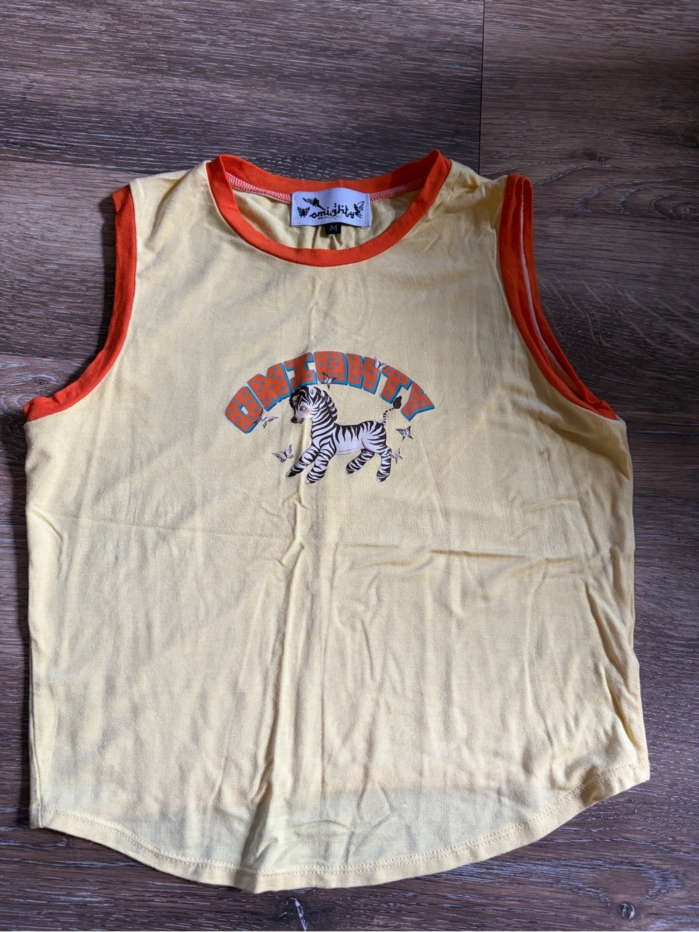 omighty Yellow Tank Top with Orange Trim & Zebra Graphic